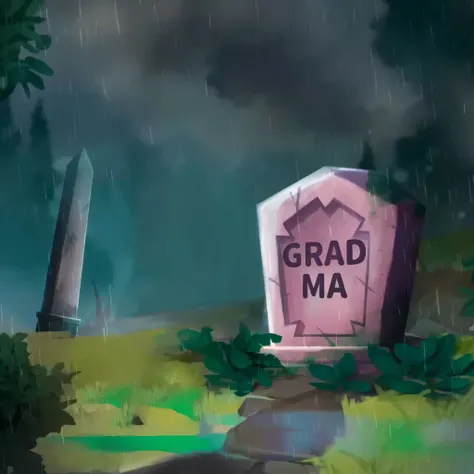 there is a cartoon picture of a grave with a sign that says grad ma, background art, background artwork, grave, graveyard, in a graveyard, grandmother, author：Goro Fujita, graveyard background, graves, in the middle of a graveyard, the graveyard!!, Backgro...