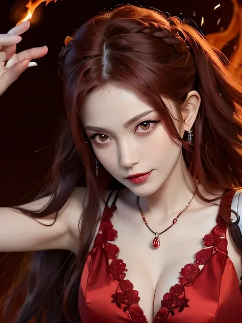 (in the dark:1.6), 1 girl, in the dark, deep shadow, secret key,cowboy shot,(formal wear:1.4) ,long wavy hair,redhead,clavicle、flame background、redhead、red background、red spirit clothes、earrings、necklace、red tattoo、red eyes、she is a spirit、close up of face...