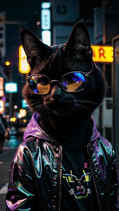 A cat with shiny glasses on its face in the dark, gato cyberpunk, estilo de arte cyberpunk, cyberpunk themed art, Gatos Neon bonitos, tem estilo cyberpunk, no estilo cyberpunk, arte digital cyberpunk, Cybercat, arte digital altamente