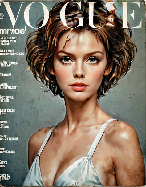 ((Fashion Cover Magazine):1.6), Generate a stunning magazine cover image featuring a Fresh French Supermodel beauty, known for her short wavey auburn hair and captivating features. Ensure the depiction of her entire body in a dynamic pose, highlighting her...