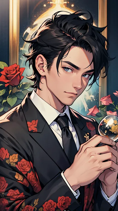 最high quality、best image quality、masterpiece、male((20-year-old、 By becoming、muscular、black Y-shirt、black suit、black tie、black hair、shortcut、holding a bouquet of roses、gesture of offering)),high quality、beautiful art、background((fine dining restaurant))、Fli...