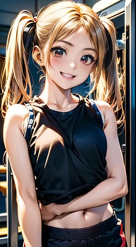 最high quality、best image quality、masterpiece、with a girl((18-year-old, port well, sports pants、vest bust、bust 90、blonde, short twin tails、red eyes、Open your chest wide, thin、smile,fitness, Using the Smith Machine:1.6)), high quality、beautiful art、With back...