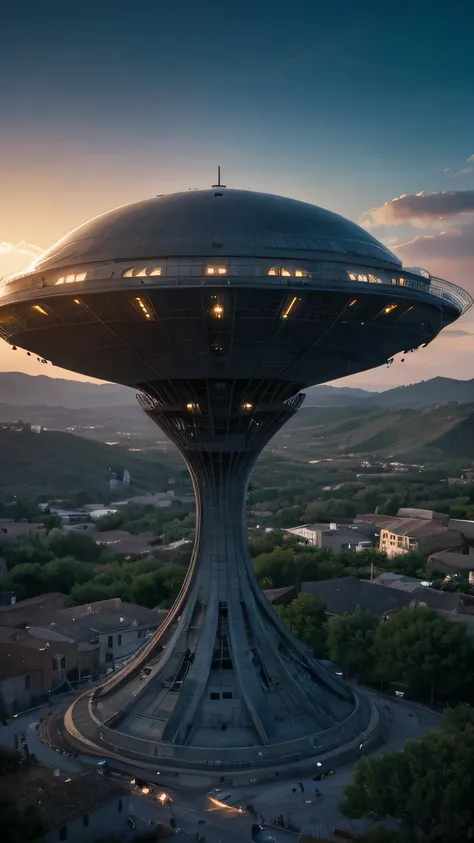 state-of-the-art technology, breathtaking, insanely detailed, futuristic mothership, ufos from another world, santo, blue hour a...