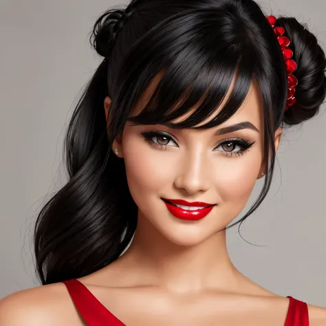 Sexy woman, black hair, top bun, seductive eyes, red smiling lips, dress