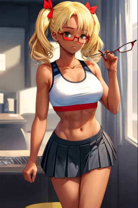 masterpiece, best quality, glasses, medium breasts, dark-skinned female, sports bra, miniskirt, pleated skirt, blonde hair, twintails, red ribbon,