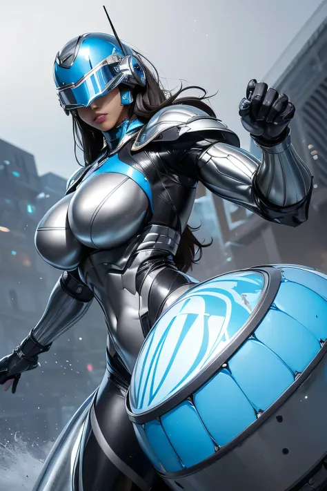 female robocop solo、armor that completely covers the whole body、very large armor、helmet with straight, narrow goggles to hide yo...