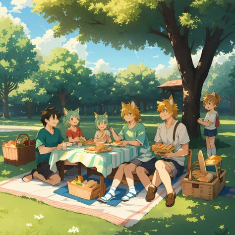 cover page, anime key visual, highres, top quality, best quality, paid reward available, High-quality illustrations, unparalleled masterpiece, perfect artwork, absurdres(heartwarming family picnic scene)(in a lush green park)(kemono family with two parents...