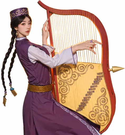 Xinjiang girl wearing purple Xinjiang costume，On the steppe at dusk, inspired by land base, inspired by Yang Buzhi, Z style art, Illustrations inspired by Persian folklore, Inspired by Song Maojin, Inspired by Ji Yunfei, Persian folk storytelling art style...