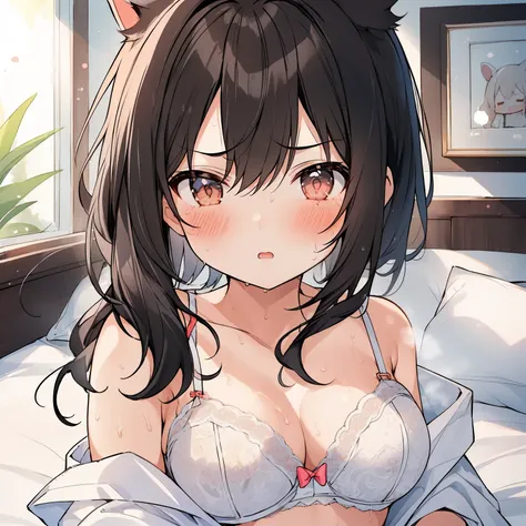 ((( masterpiece, highest quality))), ((1 girl)),cute、10 years old、、NSFW、at close range、on the bed、black hair、medium hair、low ponytail、rabbit ears、lace bra、Life、anger、anger look、anger、((close)), ((flushed)),Sweat、perfect lighting、Natural light、perfect compo...