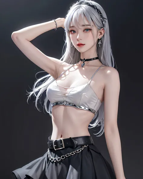 (masterpiece, highest quality, 1 girl, alone, intricate details, chromatic aberration), (realistic),(skin), ((I breathe)),(silver hair,dull bangs),thin hair, red headdress, blue highlights, hair above one eye,black eye, small earrings, clear eyes, choker,(...