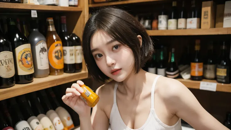 Asian girl, , short hair, big eyes, cute face. Wear a white tank top Holding a bottle of craft beer with an orange label Show inviting people to buy in Lotus&#39;s department store, Thailand.