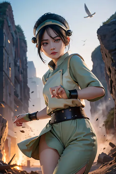 Toph beifong from Avatar, ((Top bejong)), earthbender clothes, earth tribe clothes, outerwear, Large breasts and wide hips, perfect and full lips, round big eyes look at the viewer, ((Lana Condor)), Pale skin, Avatar the legend of aang, Avatar, earthbender...