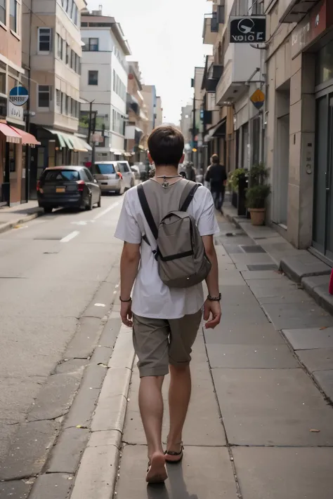 um jovem homem de 17 anos, 1.60 metros de altura, skin color is white, tem olhos castanhos, cabelo ondulado que tem tamanho medio, He wears glasses, he carries two chains around his neck, In his left hand he carries two books, nas costas ele carrega uma mo...