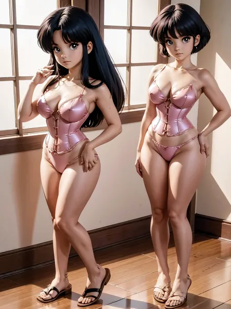 Dark-haired anime girl in pink swimsuit and corset, 16 anos, corpo bonito, seios grandes, com hand in panties , hand in hair, Garota sensual, purple cabelo, mechas de cabelo laterais, mechas de cabelo na lateral do rosto, beautiful lighting, sombras suaves...