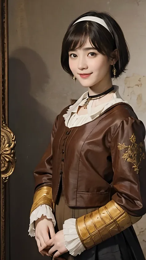 181 short hair, 20 year old female, gentle smile, (rembrandt style painting), (chest:1.2), long sleeve clothes
