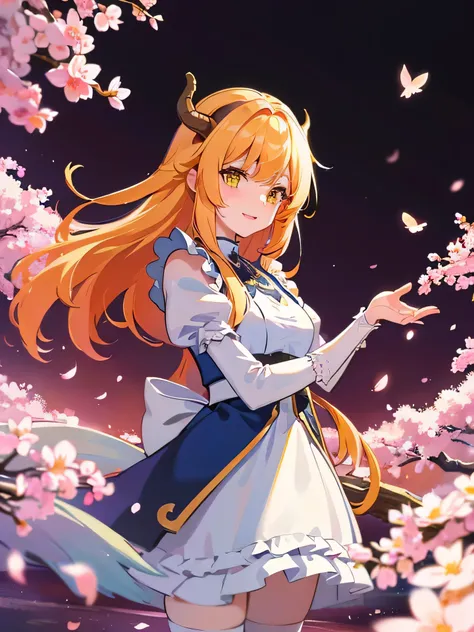 8K resolution、((top quality))、((​Masterpiece))、((super detailed))、《The dragon maid of the Kobayashi family》、Thor、1 female、maid outfit、dragon horn、double tail、Yellow-orange gradient hair、joy、bright eye color、cherry blossom forest、rotate