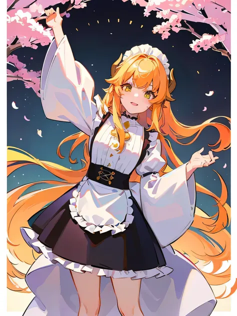 8K resolution、((top quality))、((​Masterpiece))、((super detailed))、《The dragon maid of the Kobayashi family》、Thor、1 female、maid outfit、dragon horn、double tail、Yellow-orange gradient hair、joy、bright eye color、cherry blossom forest、rotate