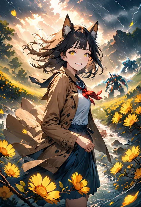 flowers meadow, (((storm)), fox ears, grin, blunt bangs, neckerchief, trench coat, roller skates, dragons in background, stream,...