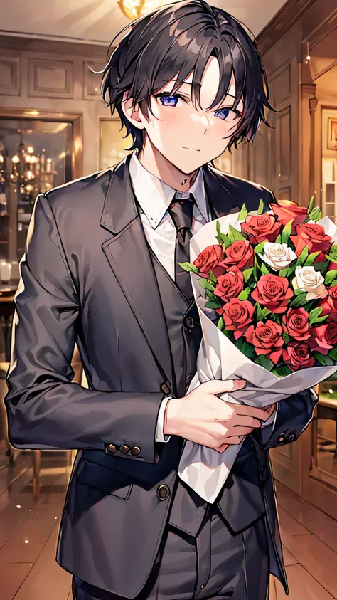 最high quality、best image quality、masterpiece、male((20-year-old、 By becoming、muscular、black Y-shirt、black suit、black tie、black hair、shortcut、holding a bouquet of roses、gesture of offering)),high quality、beautiful art、background((fine dining restaurant))、Fli...