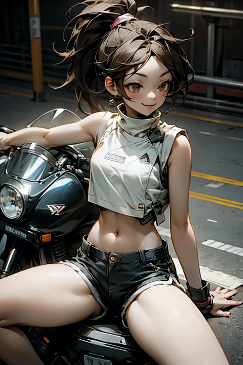 there is a naked anime female wearing a black undershirt sitting upon the motorcycle, 1 girl, alone, navel, shorts, thigh, breast,, bare shoulders, diaphragm, crop top, bare arms, Stomach, sleeveless, short shorts, dolphin shorts, Smile, ponytail, looking ...