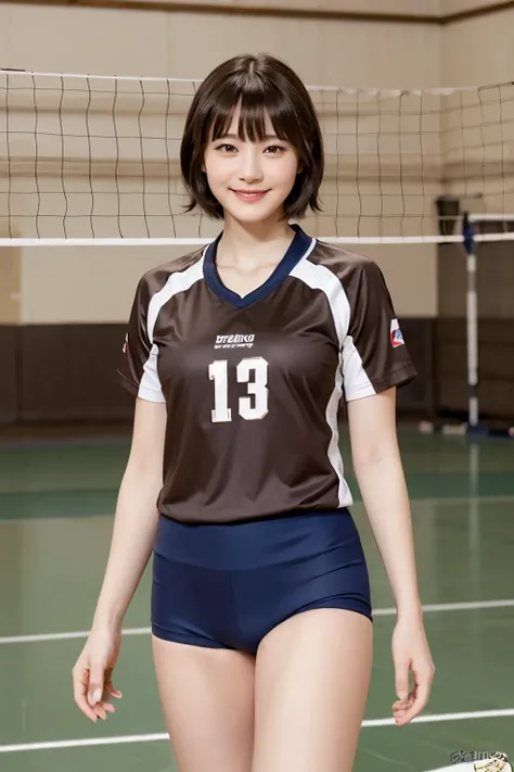 feminine、1 Lady Solo, /(volleyball uniform/), /(dark brown hair/) , A light smile with blushing cheeks, (A masterpiece of the highest quality:1.2) Super detailed and delicate illustrations, BREAK /(Indoor volleyball court/)、short hair