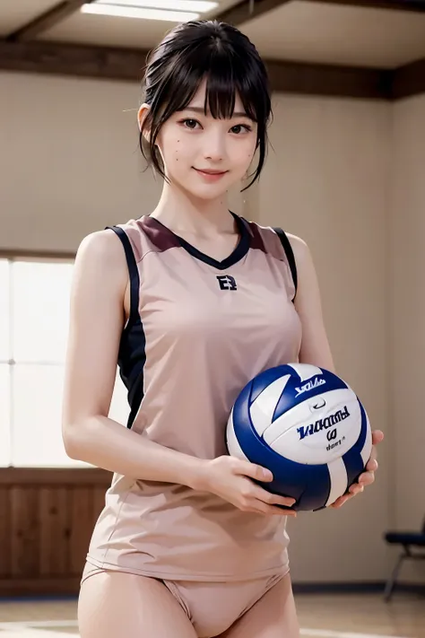 feminine、1 Lady Solo, /(volleyball uniform/), /(dark brown hair/) , A light smile with blushing cheeks, (A masterpiece of the highest quality:1.2) Super detailed and delicate illustrations, BREAK /(Indoor volleyball court/)、short hair