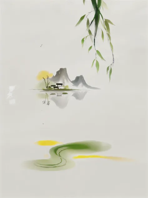 there is a painting，The painting is of a bird flying over the water, Chinese painting style, peaceful scene, Chinese style, Japanese-style, in a peaceful scenery, Chinese watercolor style, ink painting ) ) ) ), peaceful scenery, peaceful scenery, tradition...