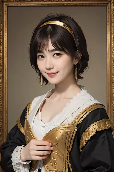 181 short hair, 20 year old female, gentle smile, (rembrandt style painting), (chest:1.2), long sleeve clothes
