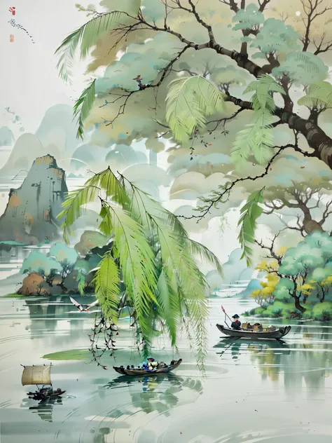 There are two people in a boat on the water under the tree, by Li Mei-shu, by Yang Buzhi, by Cui Bai, author：Li Di, by Cheng Jiasui, by Ma Yuanyu, Chinese traditional watercolor painting, traditional Chinese painting, by Ye Xin, by Luo Mu, by Wu Wei, Bian ...