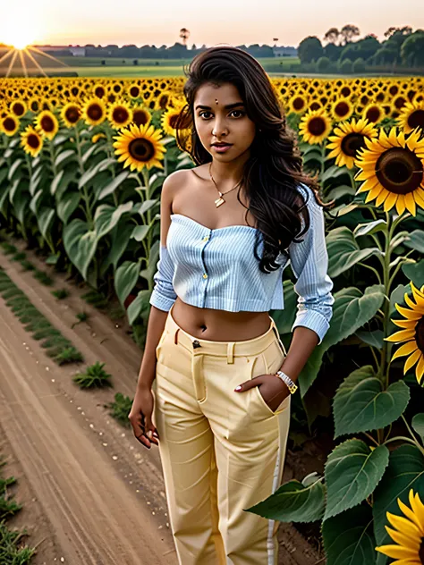 Midday, Tamil girl, 20 year old, open blazer, striped strapless choli, denim pants, high heels, standing in a sunflower field, sunflowers towards sun, (meticulous detailing of face eyes nose cheeks), slight smile, HDR, hyper realistic