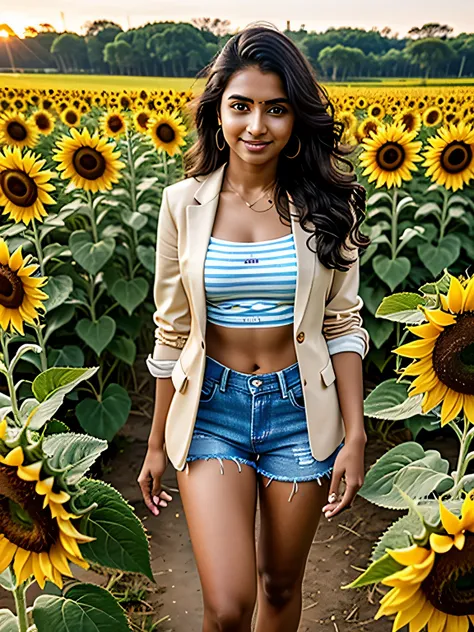 Midday, Tamil girl, 20 year old, open blazer, striped strapless choli, denim pants, high heels, standing in a sunflower field, sunflowers towards sun, (meticulous detailing of face eyes nose cheeks), slight smile, HDR, hyper realistic