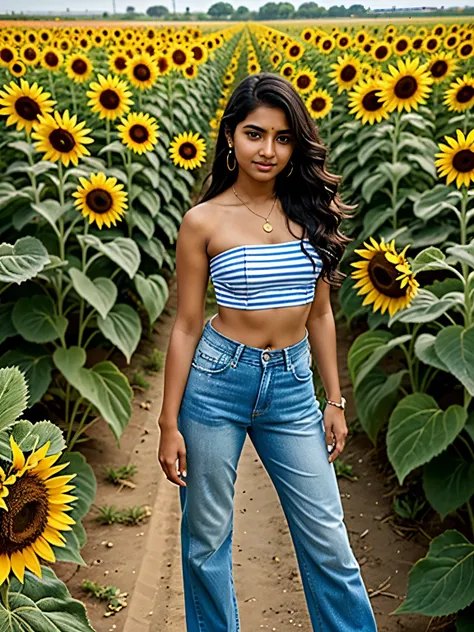 Midday, Tamil girl, 20 year old, open blazer, striped strapless choli, denim pants, high heels, standing in a sunflower field, sunflowers towards sun, (meticulous detailing of face eyes nose cheeks), slight smile, HDR, hyper realistic