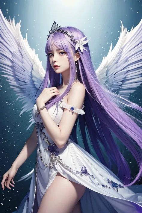 (masterpiece, top quality, best quality, official art, beautiful and aesthetic), 1girl, gorgeous short dress, fractal clothes, jewelry, headpiece jewelry, long white and violet hair, angel wings, floating objects, blue, violet, ultramarine colours