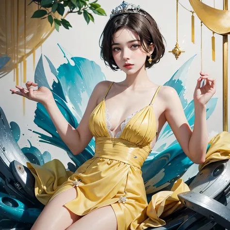 Queen, short hair, wearing a pale yellow dress, free-spirited atmosphere