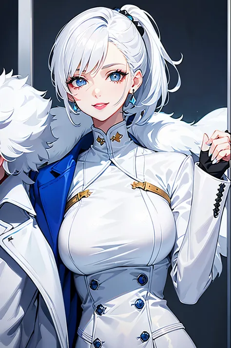 adult women, short hair white hair, high ponytail, blue eye color, White luxury jacket, trousers, open breast, blue lipstick, Smile, masterpiece, high quality