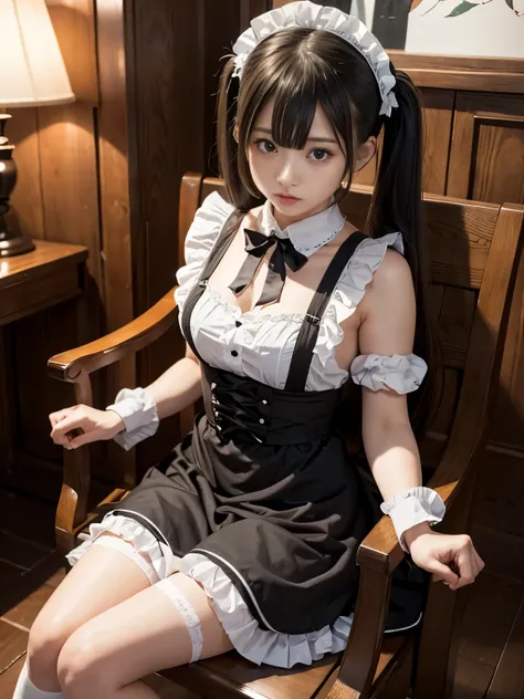 masterpiece、super detailed、8K、wonderful、Fluffy twin tails and black maid outfit、maid Cafe、anxious look、sit in a chair、Uluul