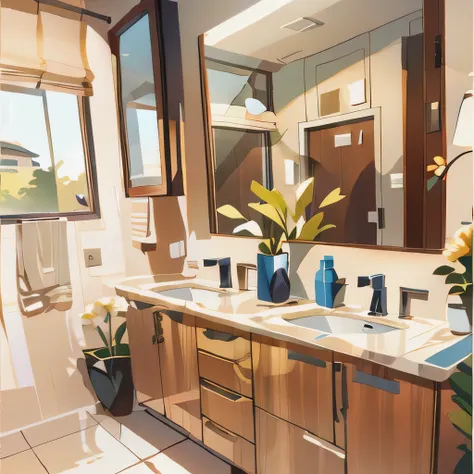 There is a bathroom with two sinks and a large mirror.., natural and realistic depiction, Modern bathroom, realistic physical rendering, Advanced photo rendering, Fresh and modern look, Advanced rendering in Unreal 5 engine, professional rendering, clean a...