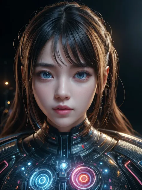 (high quality), (masterpiece), (detailed), 8K, Hyper-realistic portrayal of a futuristic (1girl1.2), Japanese character illuminated by vibrant LED lights. Meticulous details capture the modernity and innovation in this visually stunning composition. Trendi...