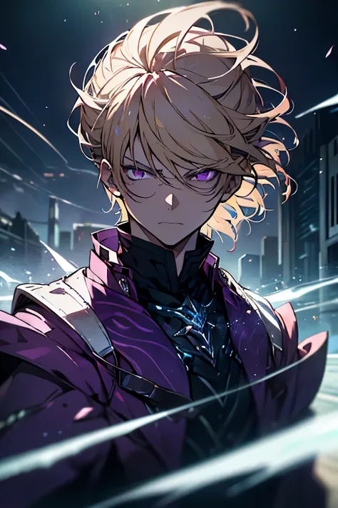 With blonde and purple hair and purple eyes,,A melancholy expression that stirs affection,side face,floating hair,light particles,glare,vivid,fancy,dreamlike,a dim atomshpere, ((boy))  ((Dark Fantasy)) ((Elden Ring)) ((tech clothes)) ((Serious expression))...