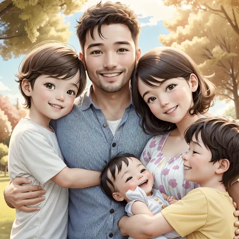 Create a heartwarming visual representation of a happy family of four in a high-quality, cartoonish style. The scene takes place in a beautiful park during a sunny day, with a joyful atmosphere all around. The father, a 35-year-old man with loving, express...