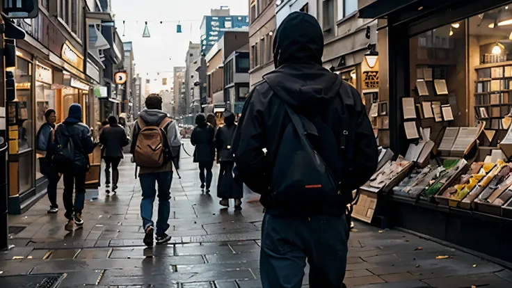 Color high-resolution street photograph of Man seen from the back from the knees walking down a busy street. Man holds a book in his hand and is wearing a hooded jacket. in the cityscape in the background are people watching.