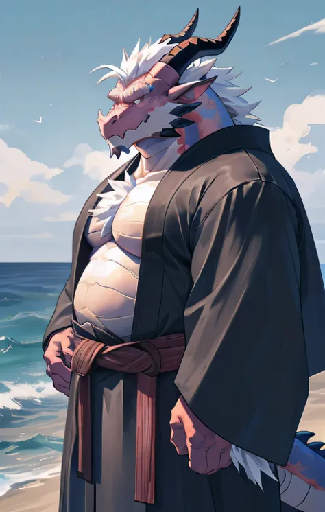 hairy，Chinese dragon，body fat，There are white hairs on the body，dragon horn，dragon fangs，dragon body，dragon claw，Dragon tail，Wearing only a big black cloak，standing by the sea，elderly，looking at the sea，hairy，high quality，Expose chest muscles