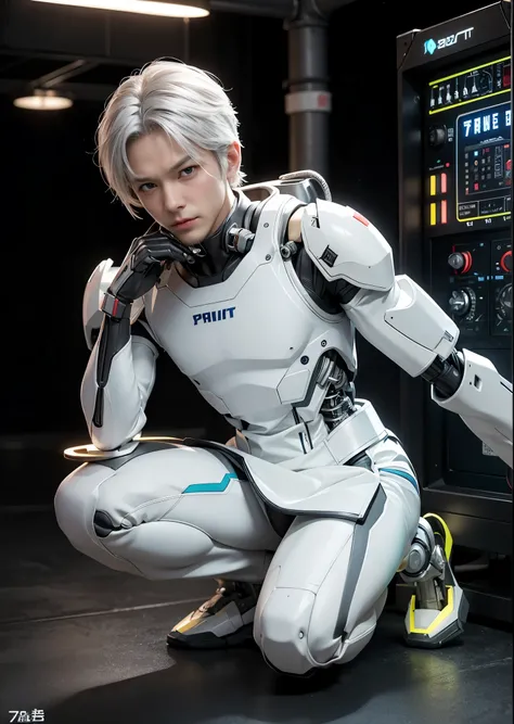 A man with an old robot body、（one man old man）、Squatting down with one knee up、70 years old、white carbon fiber skeleton、（silver short hair:1.5）、Body composed of a small control motor, cylinder and pipe、A smooth thoracic cable and tube connects the body to ...