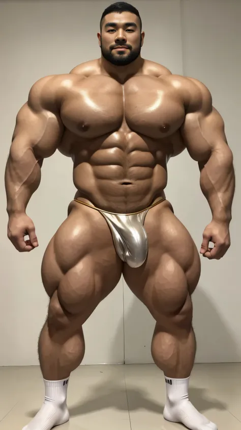 a chinese bodybuilder，30 years old，Tall and handsome, Toned body，short hair, O-shaped beard，Perfect body, Dark and shiny complexion，smooth skin，The body is hairless，Muscle bulge, muscular, Very big pecs，Very sexy abs，Leg muscles are very developed，Huge bum...