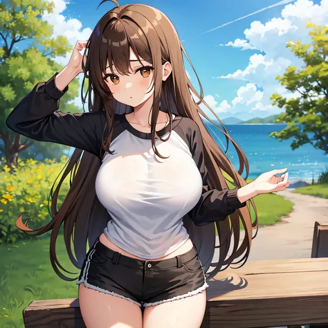 1girl, solo, large breasts, large thighs, brown hair, messy hair, long hair, black raglan sleeves, cuffed shorts, pale skin, brown eyes, standing