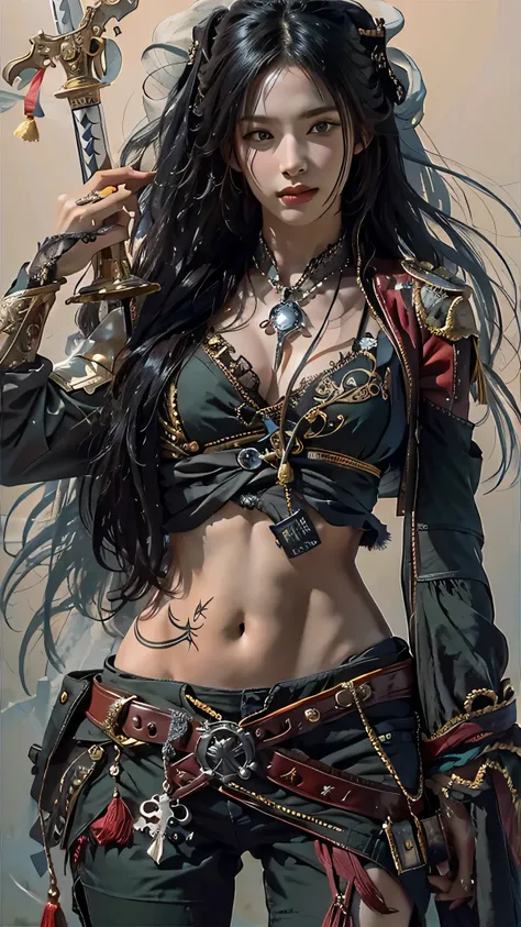 photorealistic, high resolution, soft light,1women, solo, hips up, (detailed face), jewelry, tattoo,black pirates clothing, black hair, super long hair, looking viewers, tatto, messy hair, close up, small breast, adult, holding pirates sword