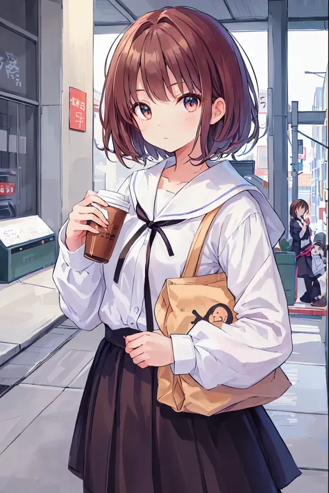 there is a young girl with coffee in her hand, cute girl - well-groomed face, cute natural anime face, cute - well-groomed - fac...