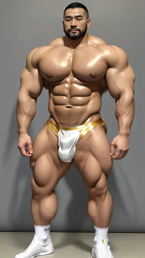 a chinese bodybuilder，30 years old，Tall and handsome, Toned body，short hair, O-shaped beard，Perfect body, Dark and shiny complexion，smooth skin，The body is hairless，Muscle bulge, muscular, Very big pecs，Very sexy abs，Leg muscles are very developed，Huge bum...