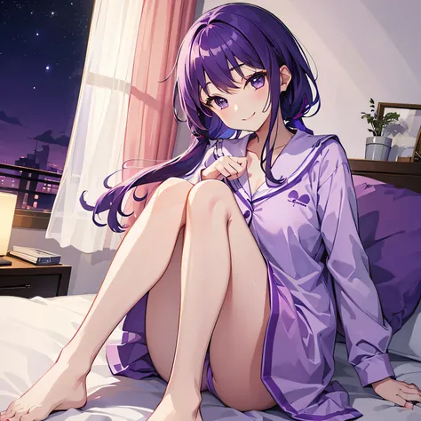 (T Masterpiece，4k wallpaper，best quality))、((girl１people))、(solo)、Shining and vivid，(purple hair)、(shortcut:1.3)、smile、Bedroom、pajamas、night