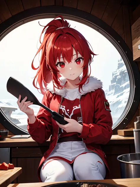 1 girl,Red hair,Cooking in the cave, sitting,,red eyes,Wearing a red fur jacket, medium hair,ponytail, flying hair,at the north pole, white t-shirt, long black trousers